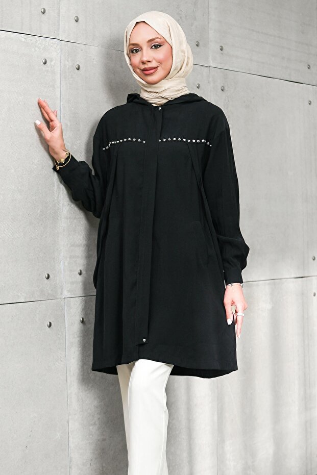 Black Hooded Tunic with Hidden Zipper