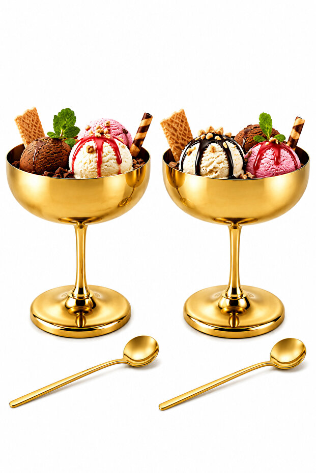 Milano Gold Stainless Steel Ice Cream Bowl and Spoon Set 2-Piece Footed Dessert Presentation Cup
