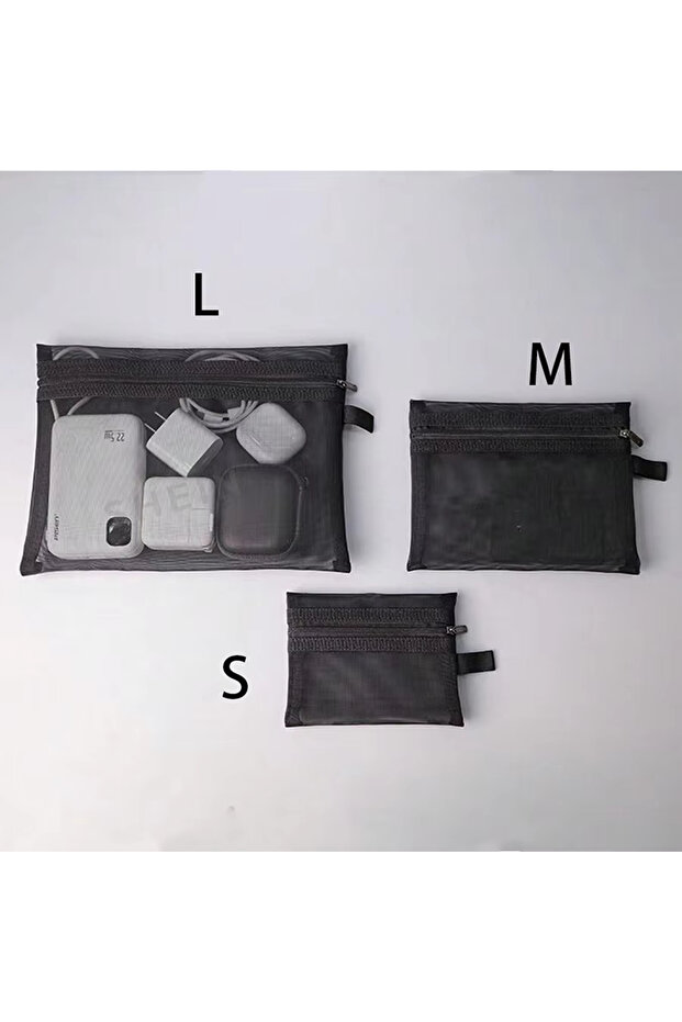 3pcs S-M-L black 3PCS Mesh Storage Bag Portable Make up Zipper Bag Cosmetic Organizer Pouch for Dail