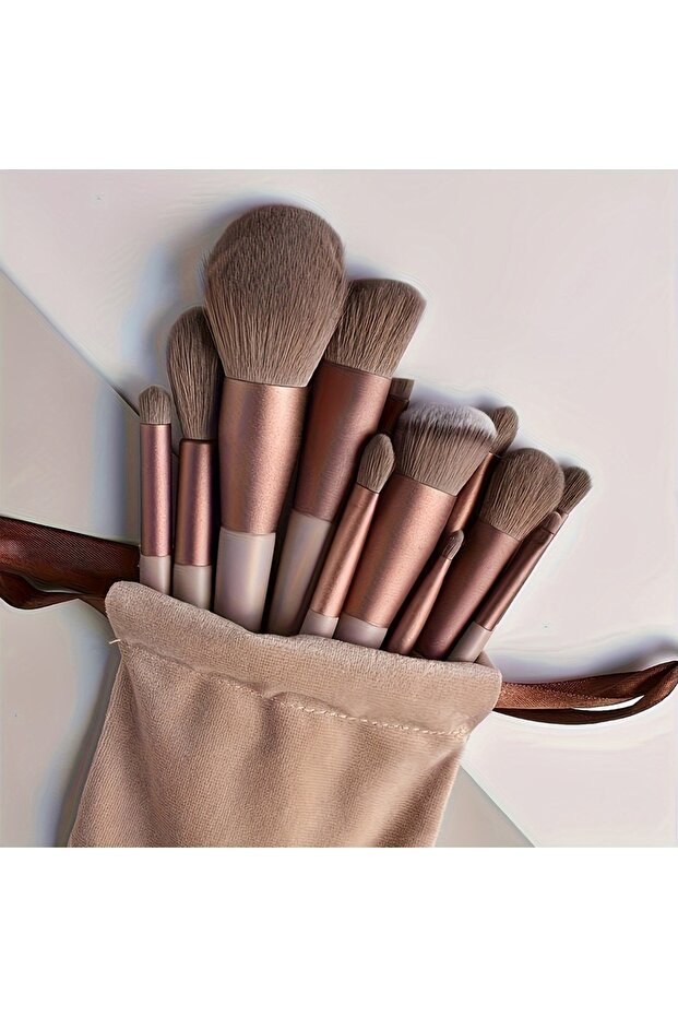 13PCS-HZS-A18-Khaki 13PCS Vegan Makeup Brush Set-Rose Gold Luxury Brushes with Hybrid Fiber Bristles
