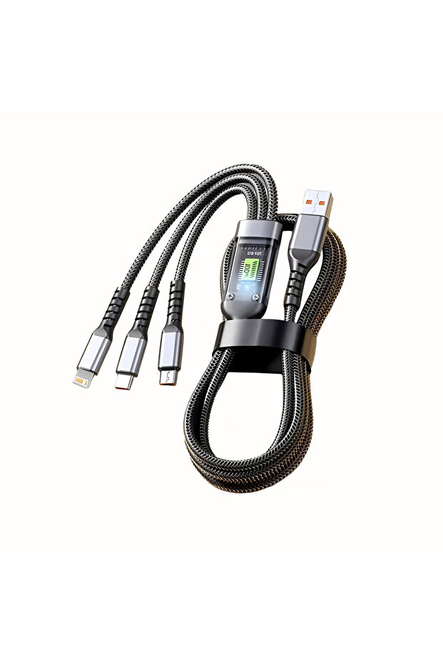 كابل شحن سريع أسود 100 واط، كابل شاحن مجدول من النايلون متعدد المنافذ USB عالمي 3 في 1