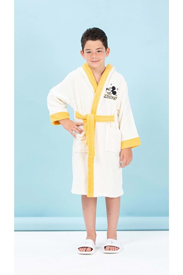 Licensed Hooded Children's Bathrobe 7/8 Years - Mickey Mouse Star Cream