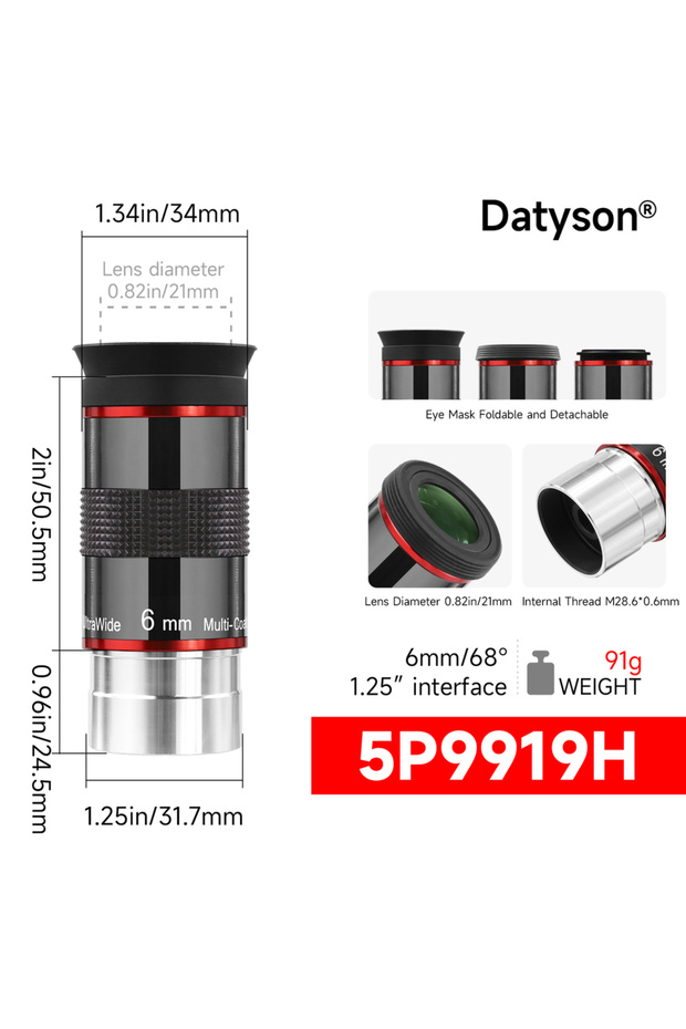 6mm Datyson 1.25-inch 68° 6-9-15-20mm Wide-Angle Eyepiece Series for Astronomical Telescopes - 4 Opt