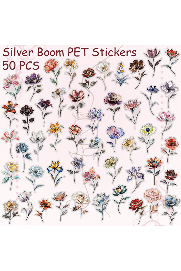 50pcs 50pcs Silver Stamping Flower Transparent PET Stickers Decals For Phone Bottle Scrapbook Luggag
