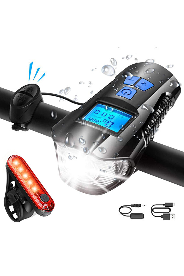 Blue Bike Light Set,Bicycle Headlight with Horn and Speedometer Odometer,USB Rechargeable Bike Front