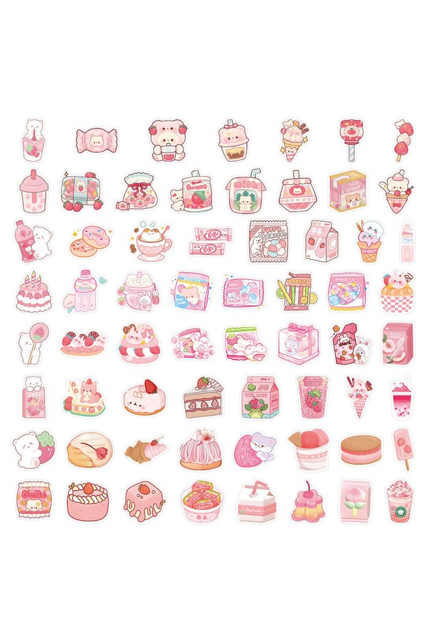 63PCS 63 Pcs Cartoon Pink Snack Stickers - Cute Food-Themed Decals for Notebook, Luggage & DIY Decor