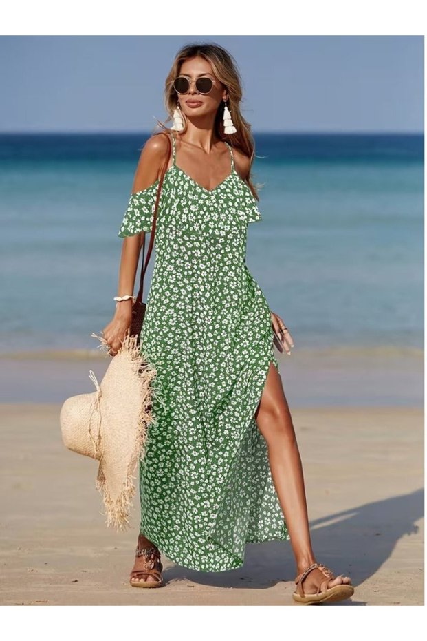 Women's green floral print maxi dress with straps and slit detail - summer casual dress