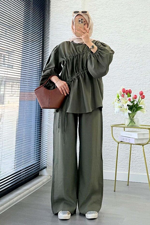 Women's Drawstring Detailed Trousers Set M61879 - Khaki