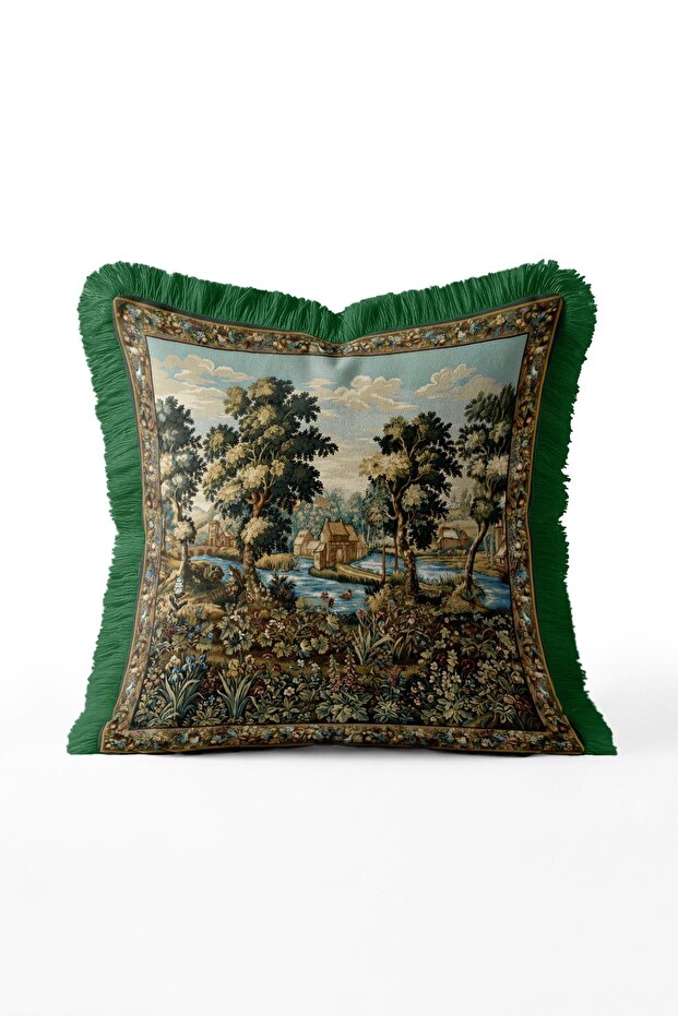 Pastoral Tapestry Landscape Patterned Fringed Throw Pillow Cover - Green Tassel Tapestry Pillowcase