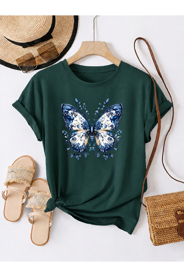 Unisex Green Ethnic Butterfly Printed Crew Neck T-Shirt