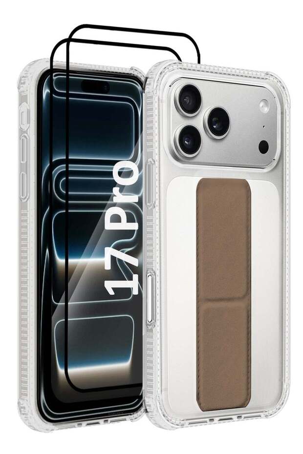 3 Packs Finger Grip Clear Case Cover for iPhone 17 Pro- Kickstand Car Magnetic Holder Multi-function Protective Two-in-one Case with Two 3D Screen Protectors - Brown