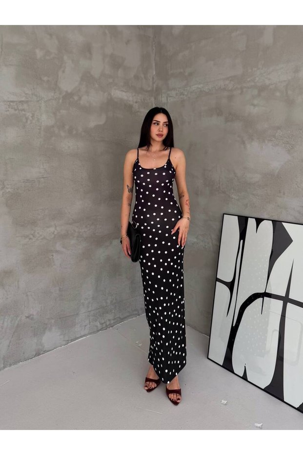 Women's Strappy Polka Dot Patterned Long Dress