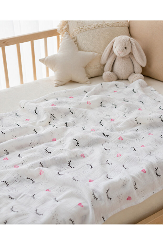 Minora 100% Cotton Muslin Baby Blanket – Multi-Purpose Muslin Blanket - 100 X 100 cm - Eyelash Pattern