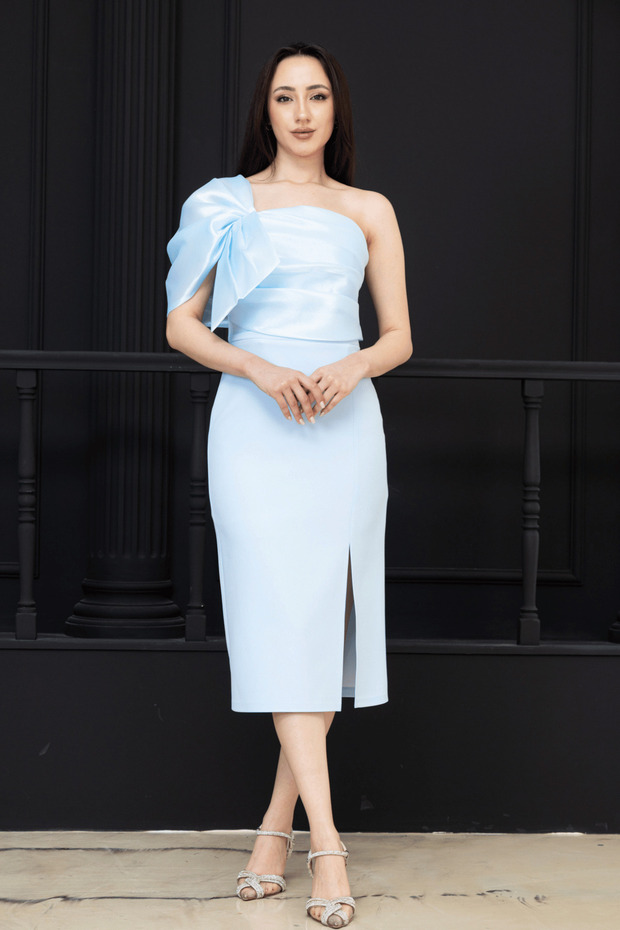 Double Fabric Bow Detailed Organza Pencil Dress - Baby Blue
