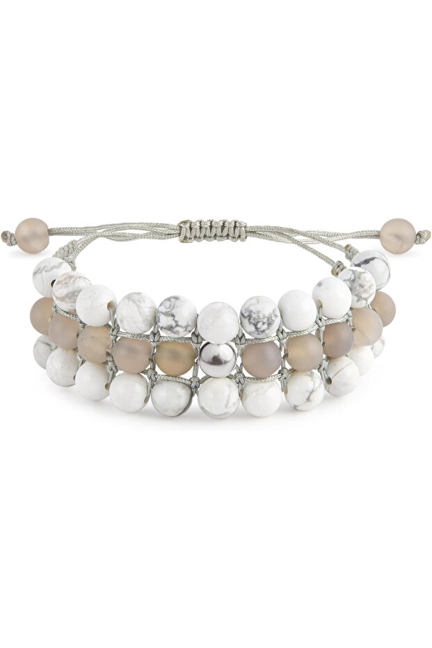 India Women's Bracelet, 925 Sterling Silver, Beaded Woven Bracelet, with Howlite & Agate, Handmade Adjustable Jewelry
