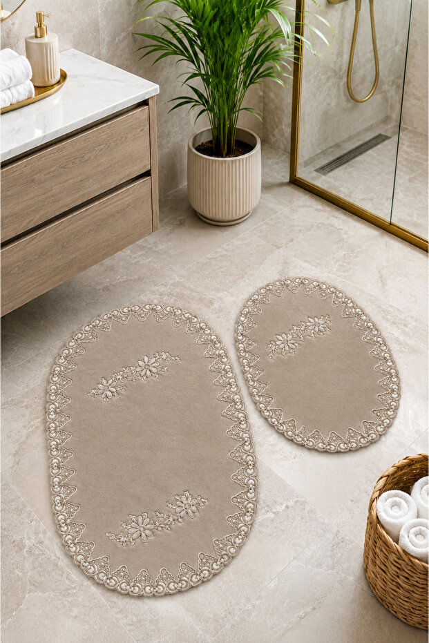 Mink 2-Piece French Lace Luxury Bath Mat Non-Slip Dowry Oval Bath Mat Set Lauris