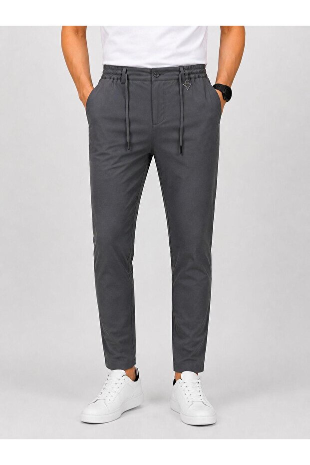 Men's Lace-Up Elastic Jogger Chino Slim Fit Lycra Stretchy Trousers