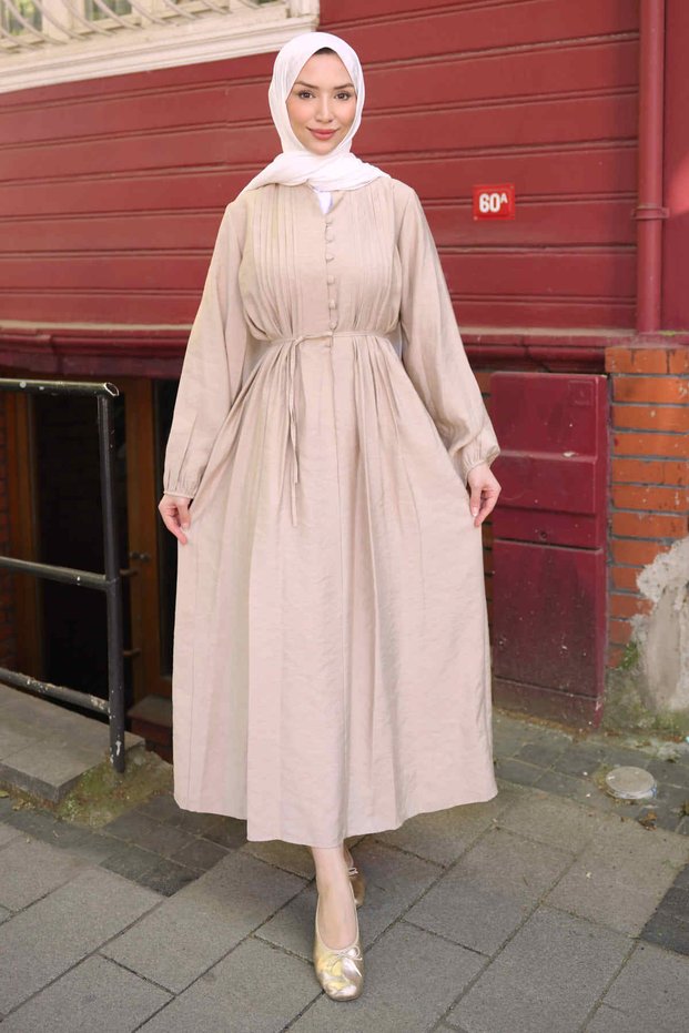 Beige Waist-Tie Buttoned Dress