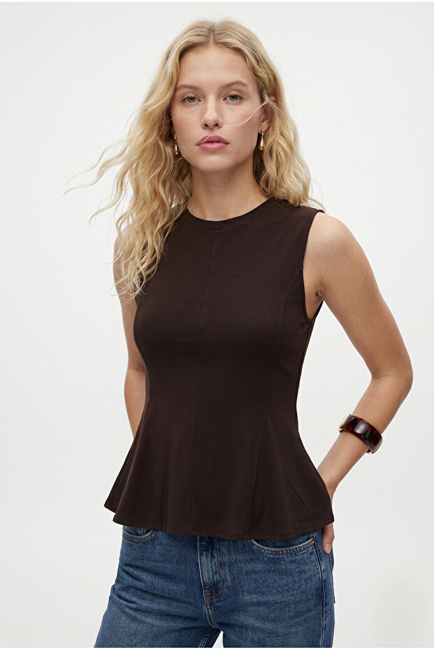 Women's Rowe 100% Cotton Peplum Zero Sleeve Brown Blouse