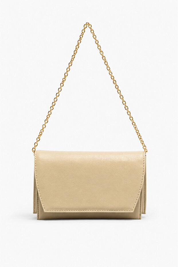 Cream Bag with Leather Look Chain Strap for Women - Stylish Portfolio Clutch