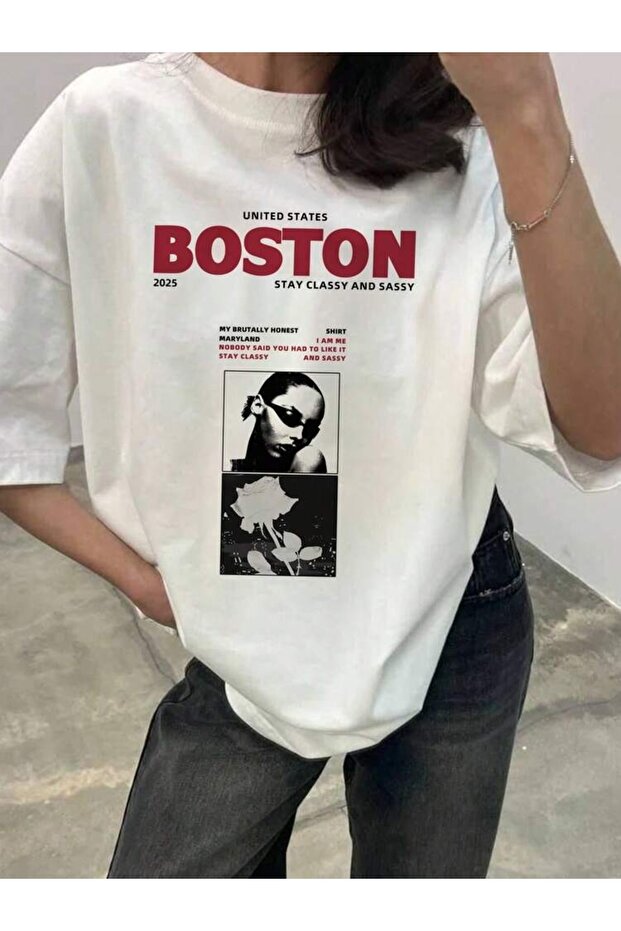Boston Printed White Oversize Unisex T-Shirt Basic Comfortable Fit Daily Tshirt