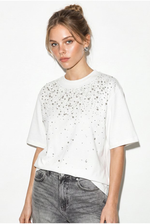 Women's White Stone Embroidered Crew Neck Oversize Cotton T-Shirt Öt261107 60286302