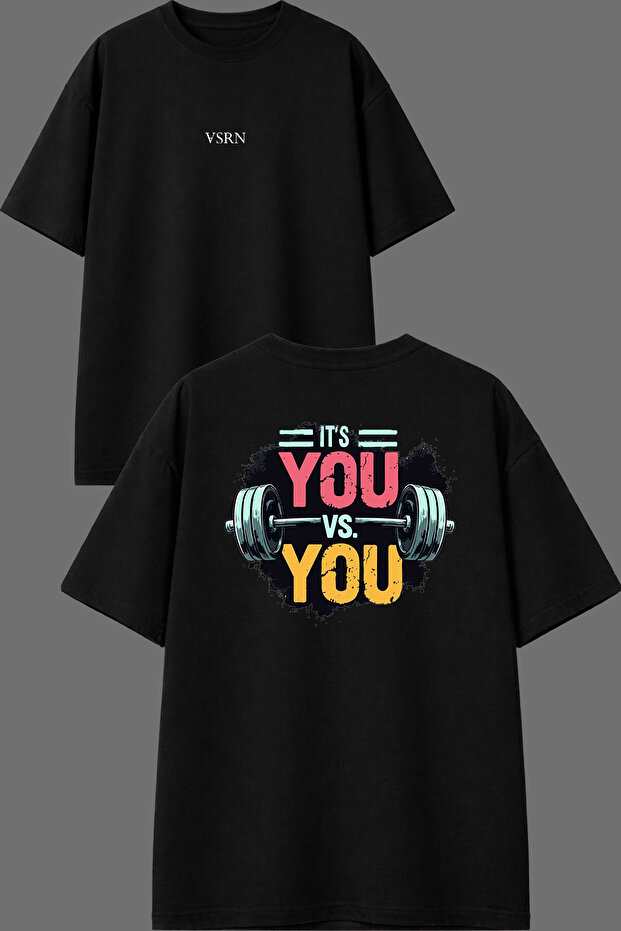 تي شيرت أسود كبير الحجم بتصميم You Vs You مطبوع من الأمام والخلف