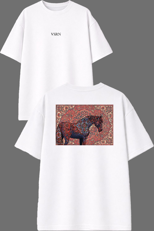 Horse Carpet Design Front and Back Printed White Oversize T-Shirt