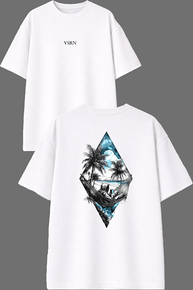 Keyfine Düşkün Design Front and Back Printed White Oversize T-Shirt