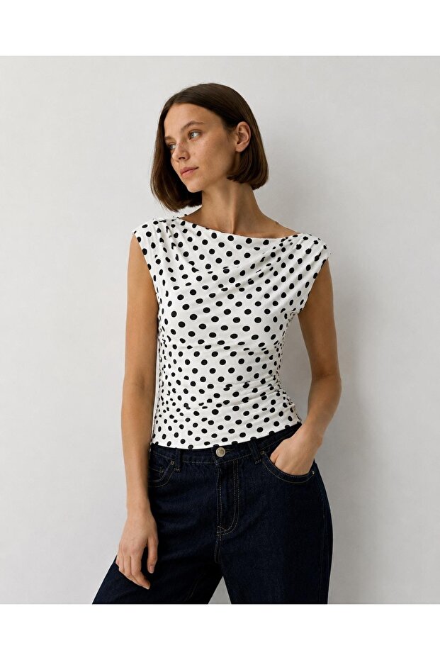 Women's Degaje Collar Gathered Polka Dot Patterned Blouse