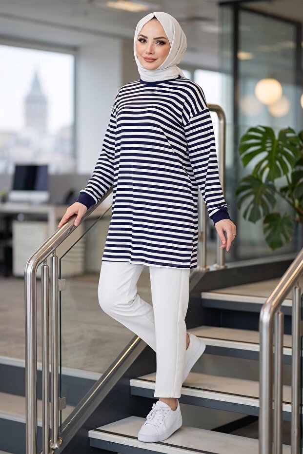 Striped Combed Cotton Tunic Navy Blue Hm2917