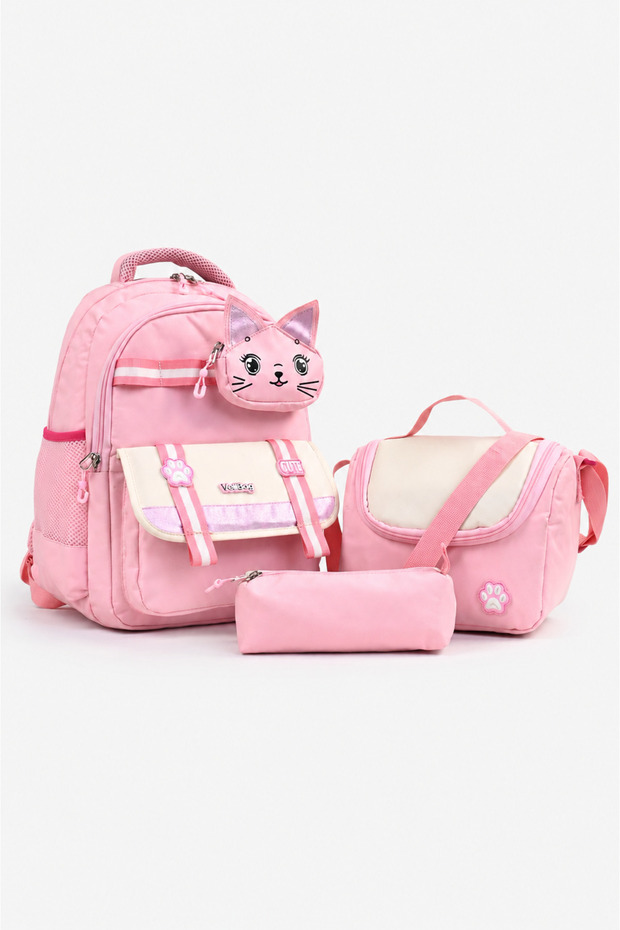 Cat Patterned Waterproof 3-Piece Primary School Bag with Lunch Box and Pen Holder Orthopedic School Set