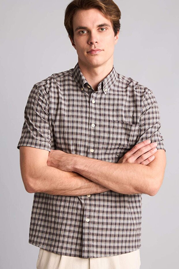 Regular Fit Polo Collar Checkered Crinkle Fabric Short Sleeve Shirt H5767Ax26Sm