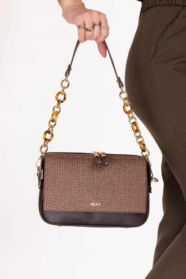 Women's Double Compartment Hand and Shoulder Bag Ald.1153 Brown Wicker