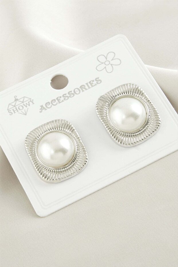 Rectangular Pearl Metal Earrings Ilkel-Bjt940