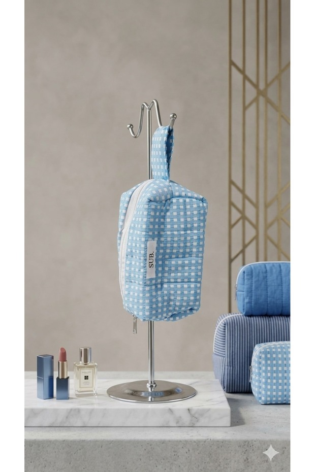 Blue Color Small White Checkered Plaid Puff Makeup Bag / Organizer / Pen Holder