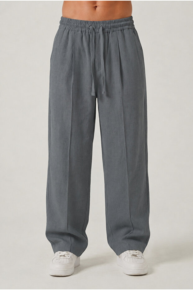 Düşük Ağ Men's Elastic Summer Trousers %100 Cotton Loose and Long Leg Dark Gray