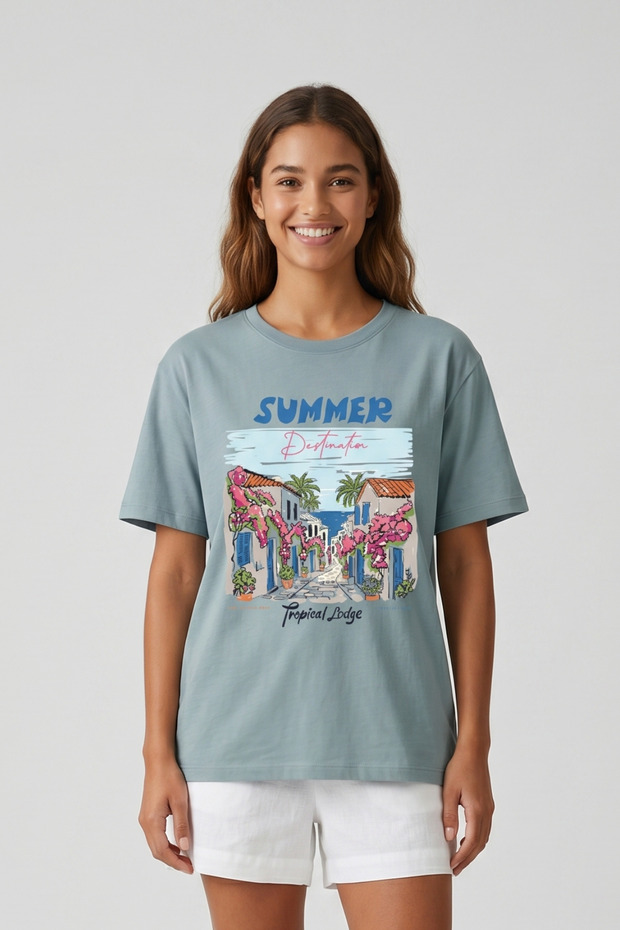 Women's Mint Color Summer Destination Printed Crew Neck Cotton T-Shirt