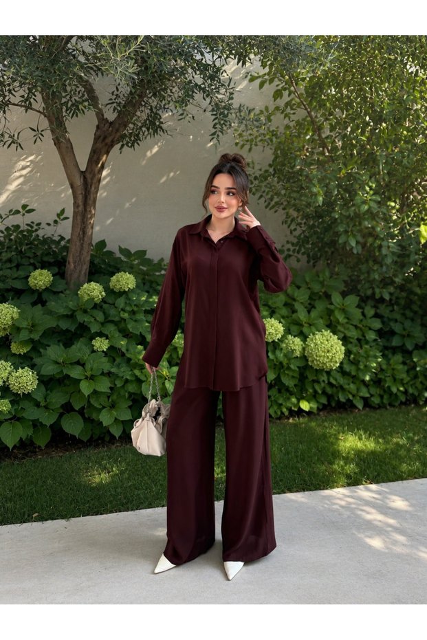 Women's 100% Cotton Premium Shirt Wide-Leg Pants Two-Piece Set