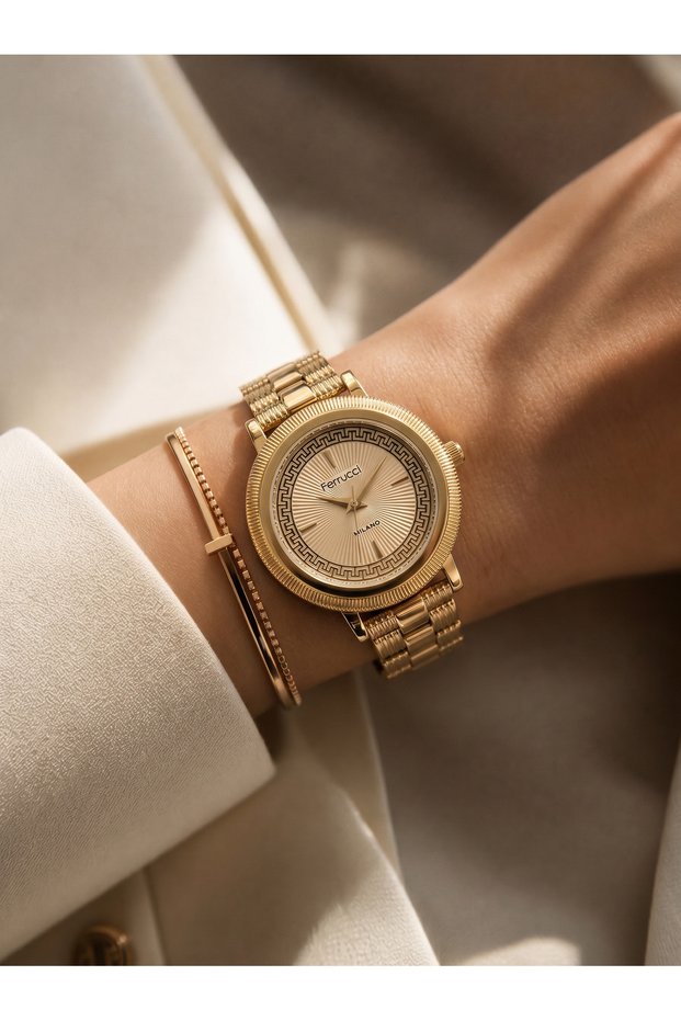 Patterned Framed Gold Dial Gold Color Metal Cord Women Wrist Watch