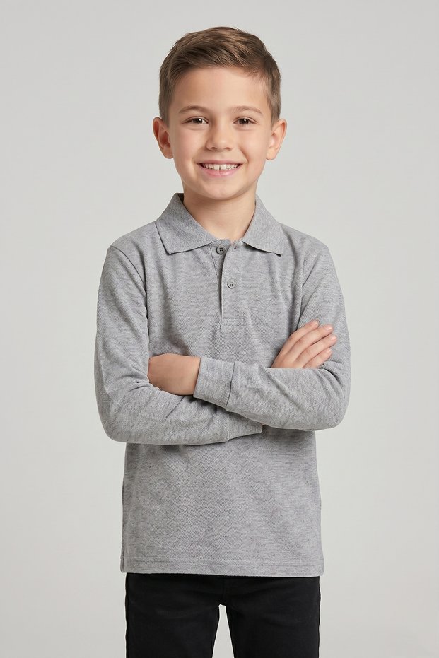 Unisex Children's Gray Lacoste Polo Collar Long Sleeve School T-Shirt
