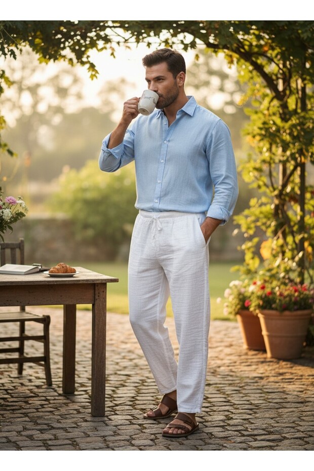 Men's 100% Cotton Muslin Pipe-Leg Trousers Relaxed Fit Breathable Pocketed Lace-Up Casual Beach Pants