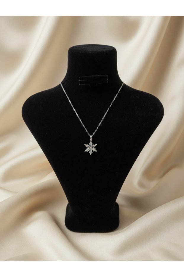 Silver Color White Zircon Stone Snowflake Steel Necklace - Tarnish Resistant - 45cm