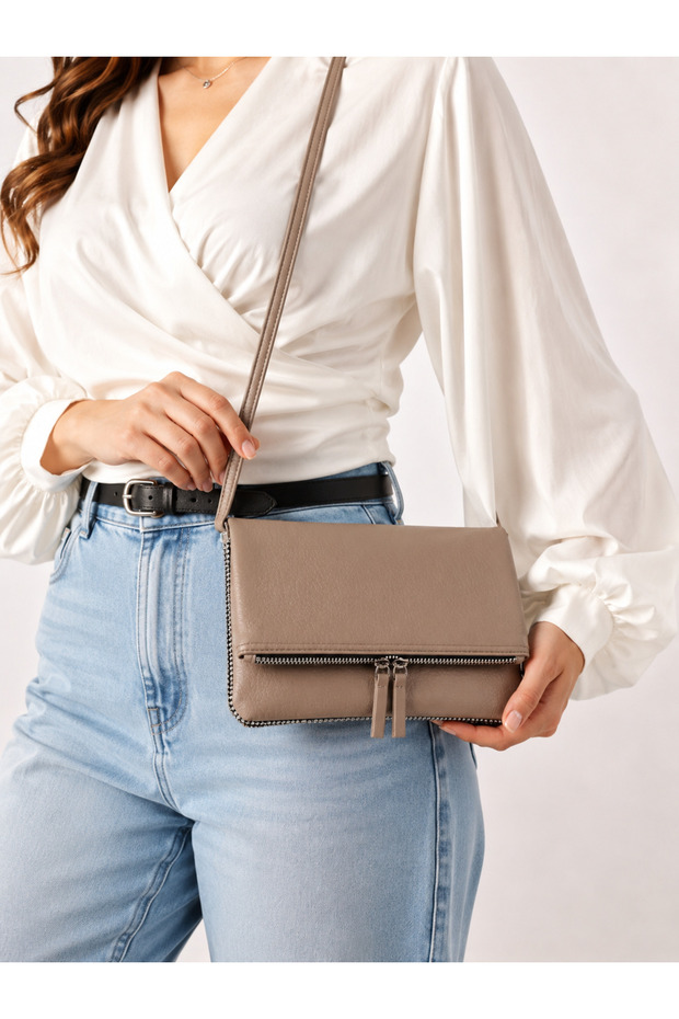 Foldable Khaki Chain Detailed Shoulder and Crossbody Bag