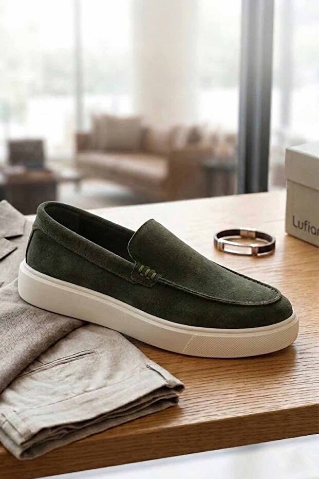 Men's Khaki Green/Navy Blue Suede Slip-On Shoes - Casual Comfortable Sole Moccasins