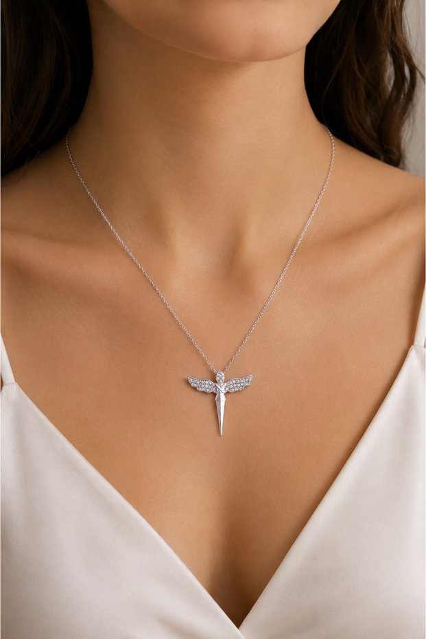 Steel Angel Figured Zircon Stone Women's Necklace Silver Color 45 cm