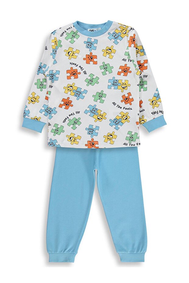 Puzzle Printed Pajama Set for 2-5 Years Old - Blue