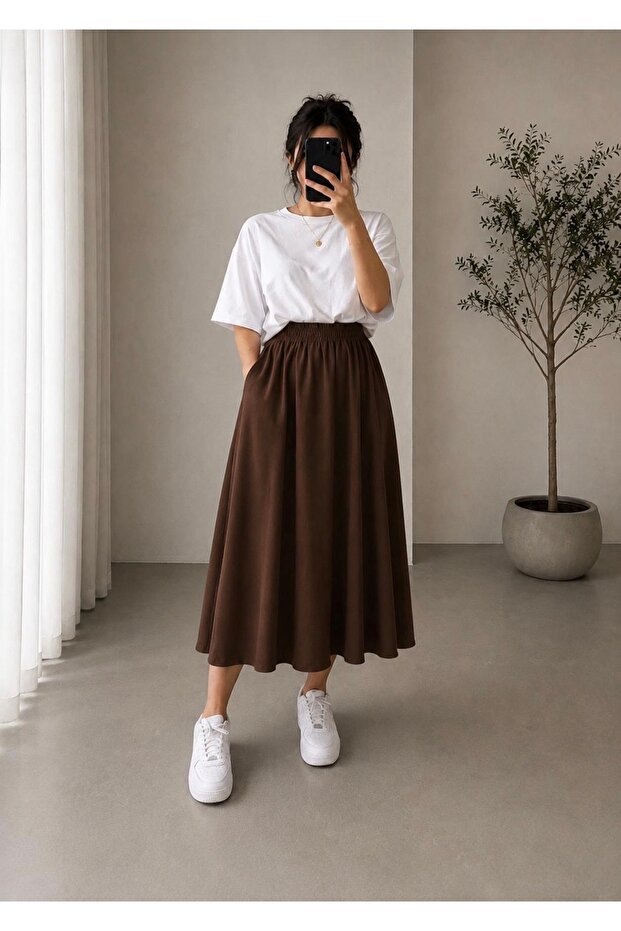 Women's Brown Skirt with Elastic Waist and Pockets