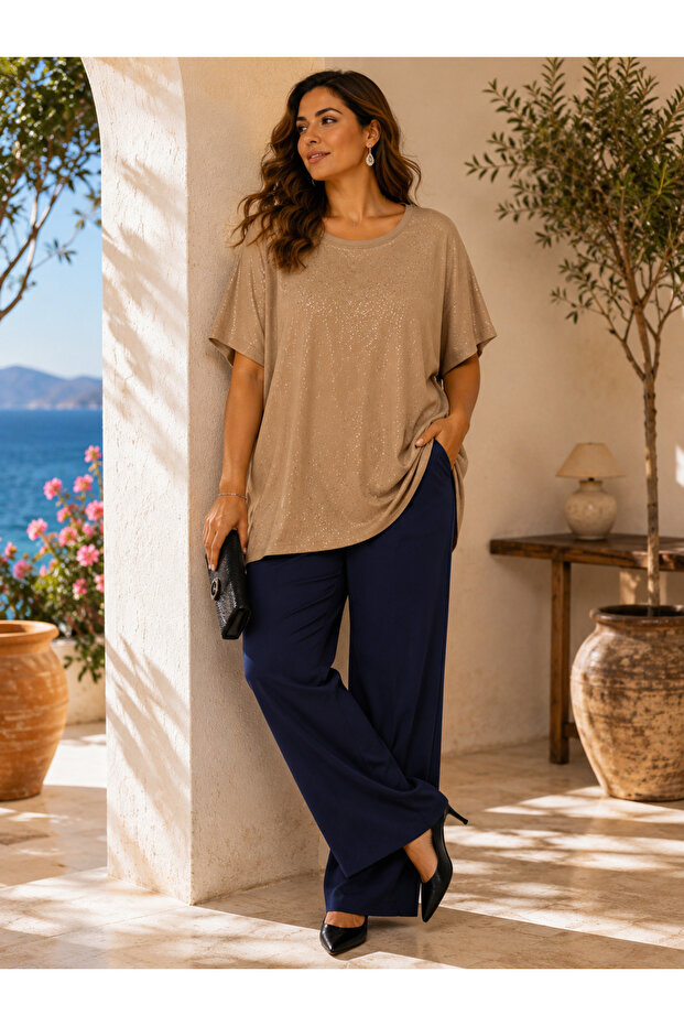 Women's Crew Neck Shimmering Lustrous Viscose Flexible Plus Size Oversized Short Sleeve Blouse