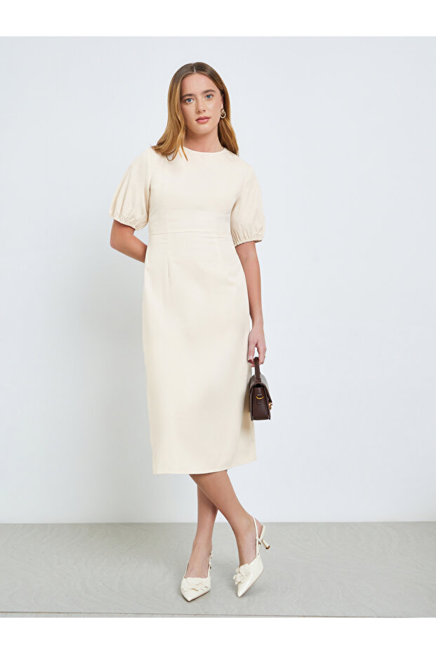 Beige Sleeveless Midi Dress with Fold Pleat